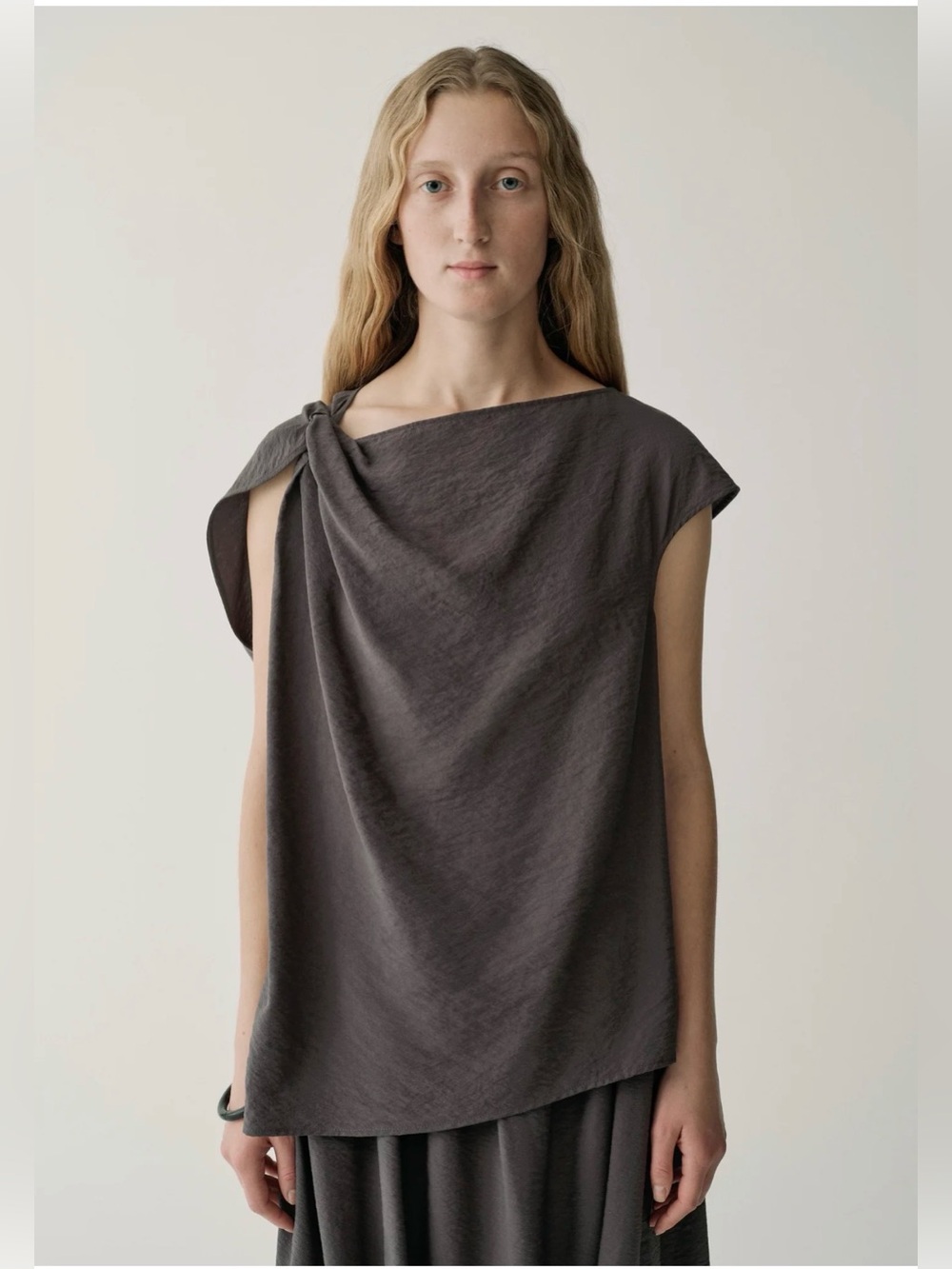 INSIS FEMME Plum Brown  Knot-Shoulder Draped Blouse